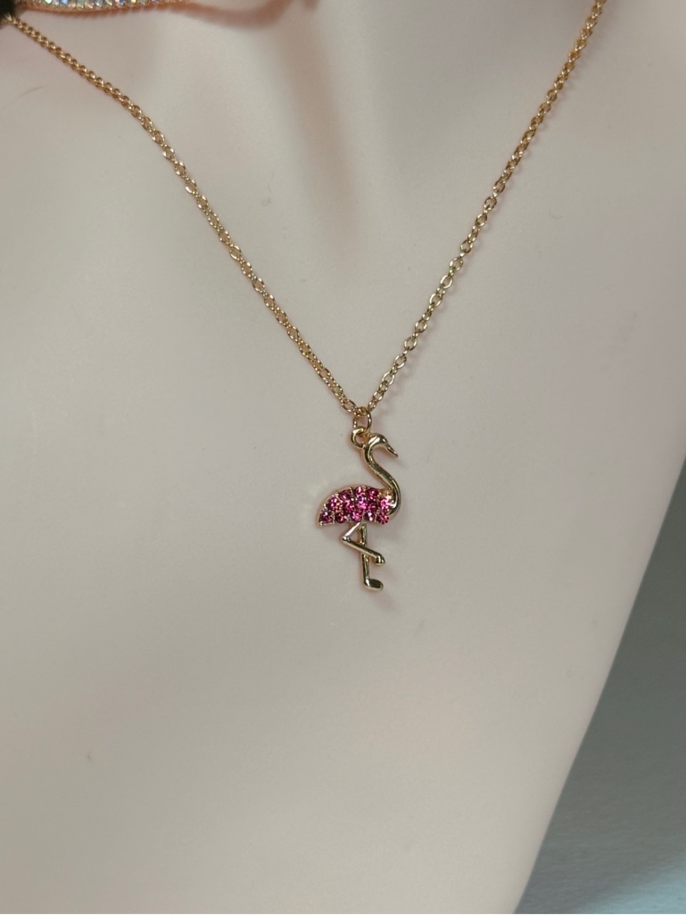 Gold Flamingo Pendant Necklace with Pink Crystal Accent - Picture 4 of 9